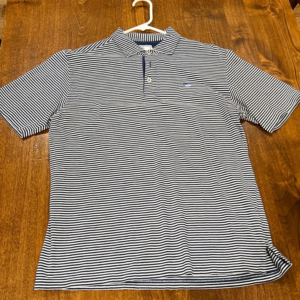 Men’s polo golf shirt. Southern Tide. Navy blue & white striped. Size S.